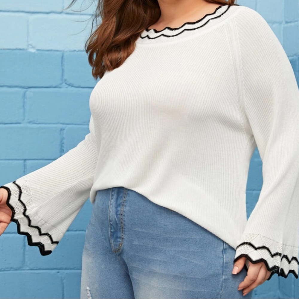 Plus flounce sleeve contrast trim pullover sweater - Picture 3 of 5